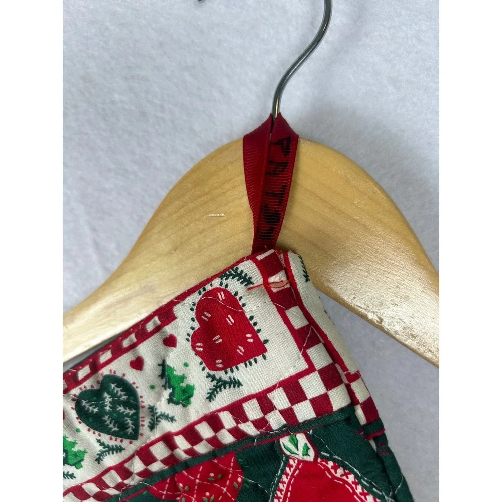 VTG Handmade Quilted Christmas Stocking Red Green Patchwork Hearts Santa OS